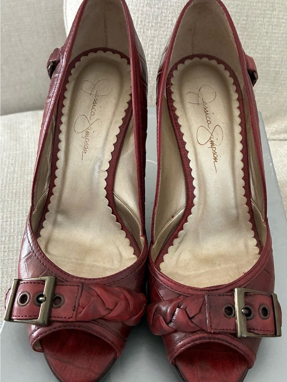 Jessica Simpson Burgundy Braided Peep-Toe Heels with Buckle